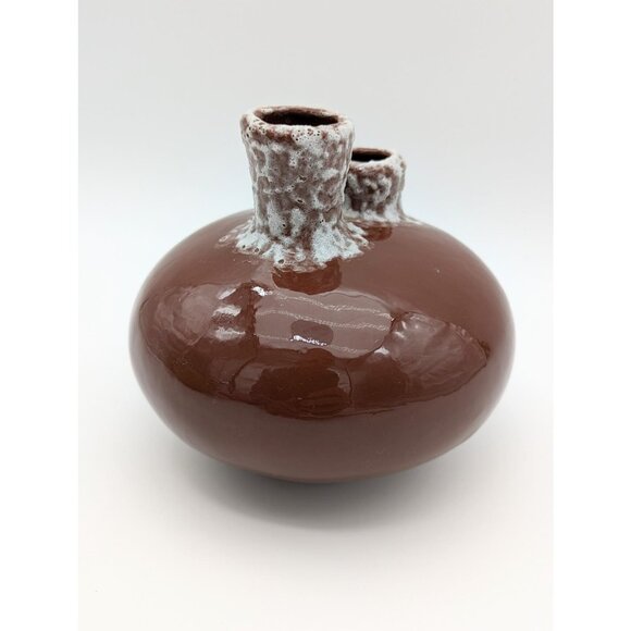 Vintage Studio Decor Vase with Glazed Brown and White Double Floral Holder - Picture 4 of 6